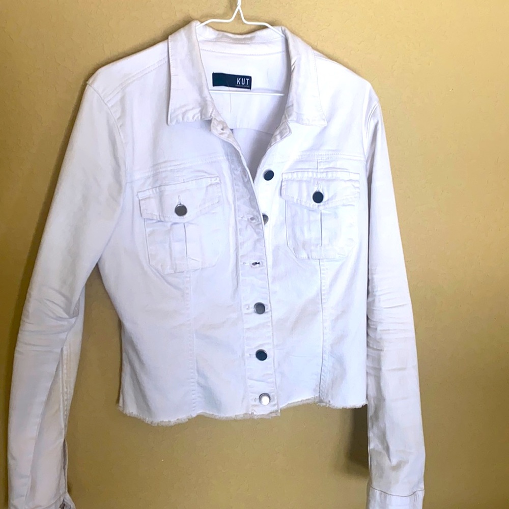 Kut from the Kloth gently used white Jean jacket with frayed bottom.